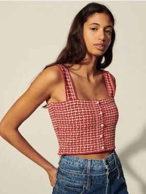 Sandro Daniella Red and White Tweed Pearl-Button Crop Top